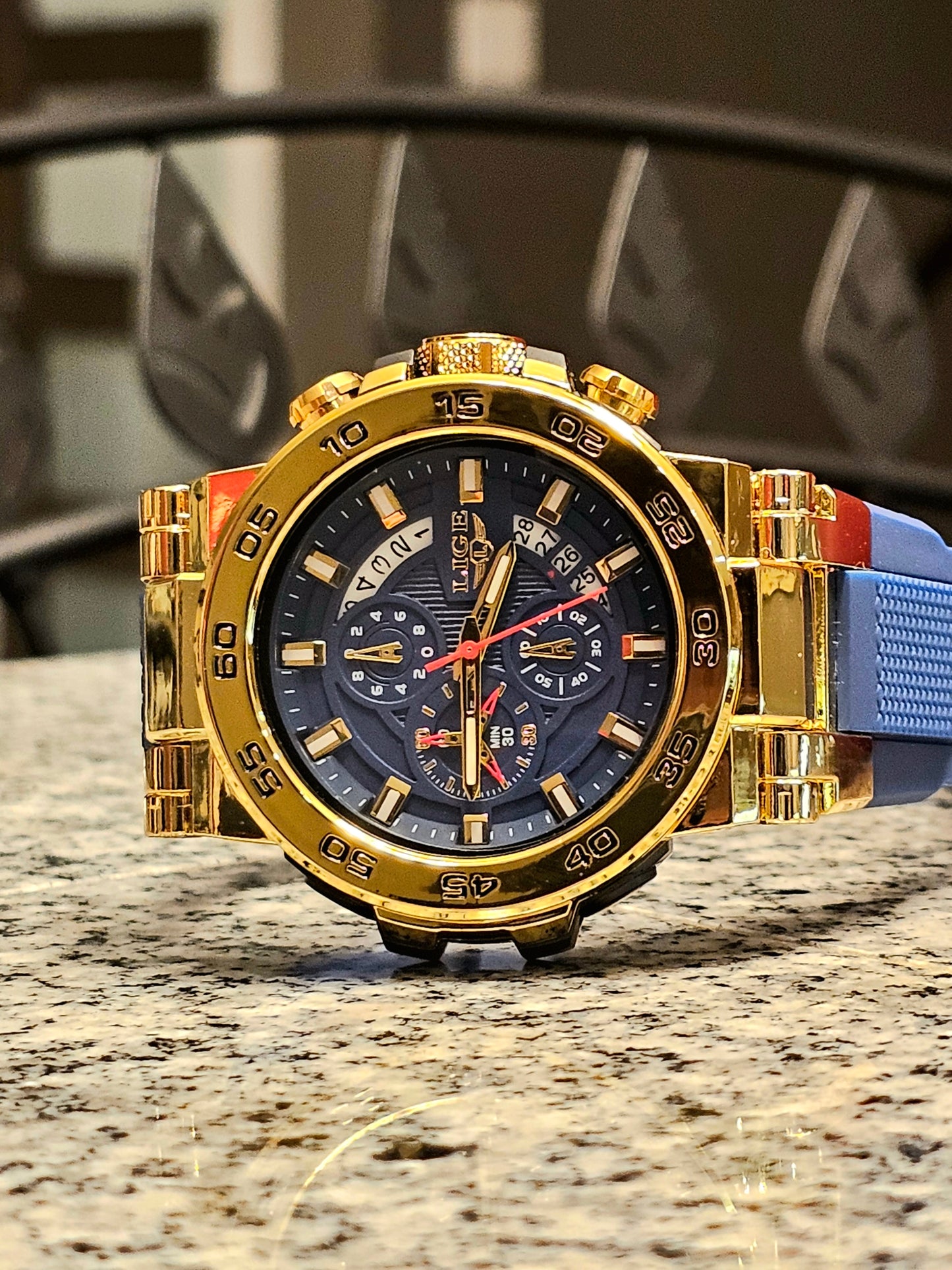 LIGE ChronoSport Gold & Blue Quartz Watch – Bold, Sporty &