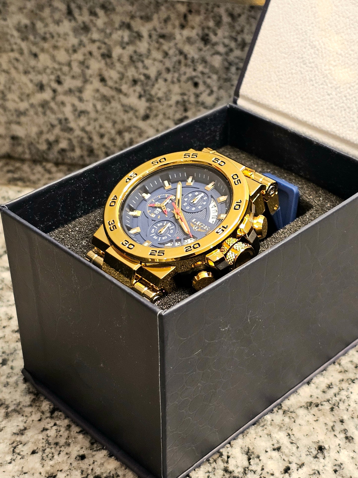 LIGE ChronoSport Gold & Blue Quartz Watch – Bold, Sporty &
