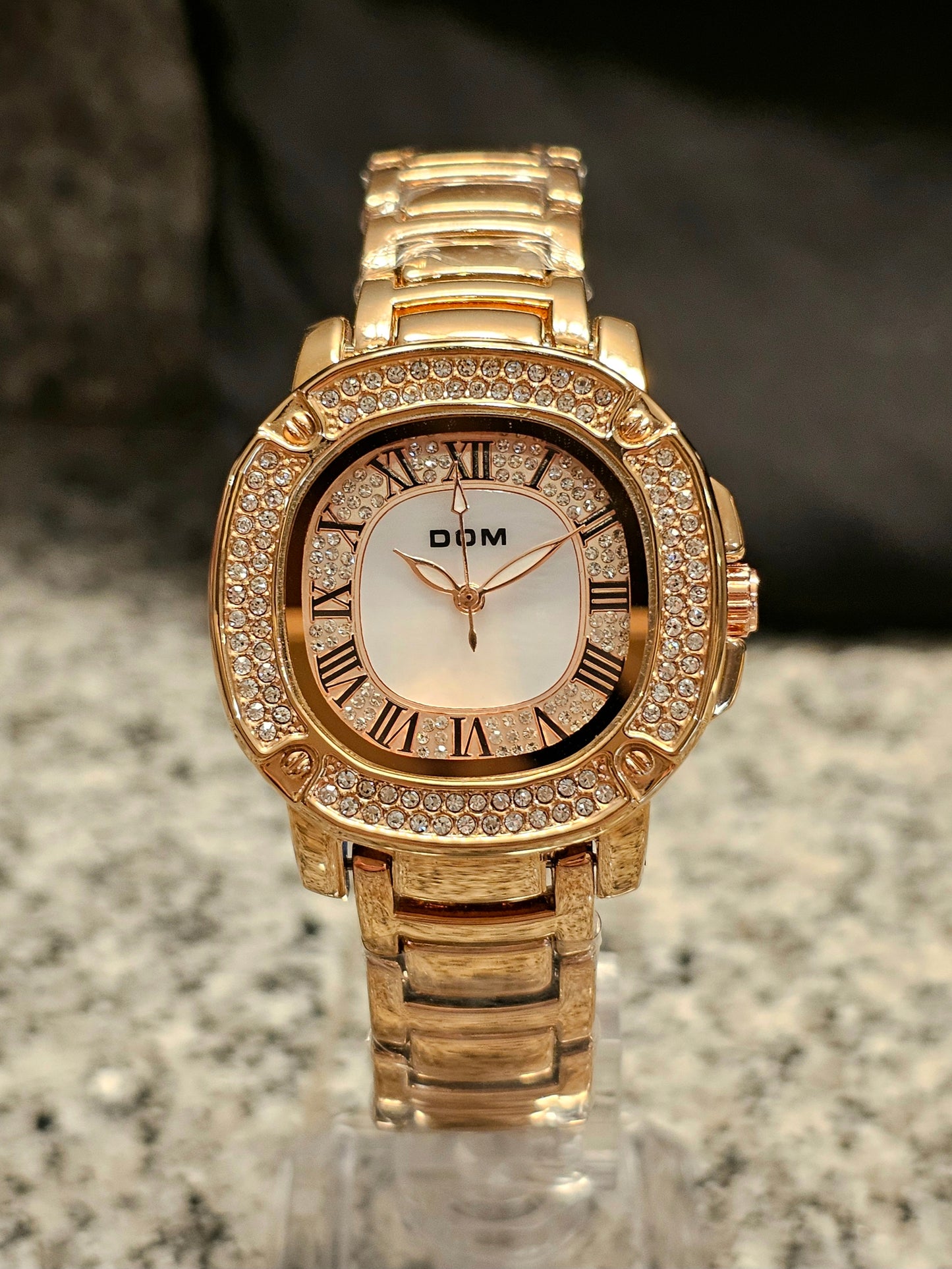 DOM Women’s Luxury Crystal Watch – Rose Gold Elegance with Roman Dial