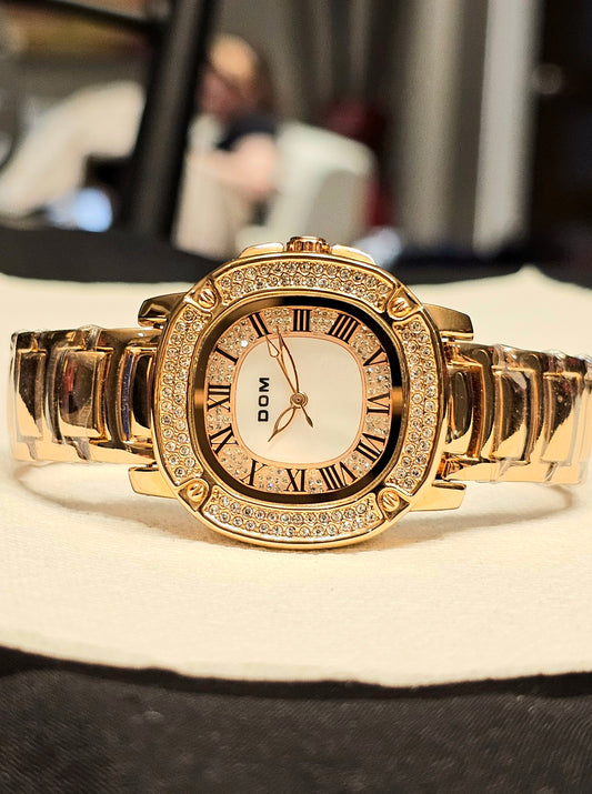 DOM Women’s Luxury Crystal Watch – Rose Gold Elegance with Roman Dial