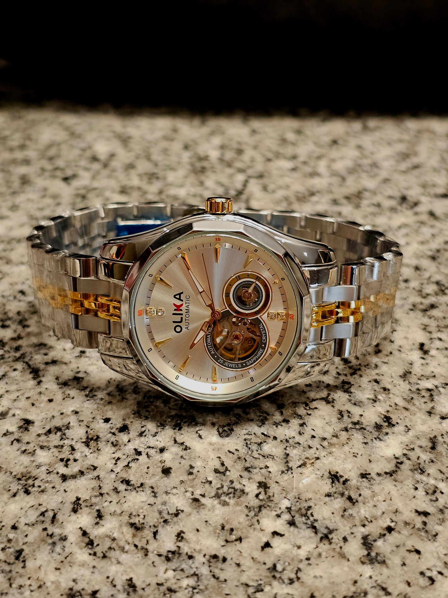 OLIKA Automatic Skeleton Men's Watch – Gold & Silver Elegance - Stainless Steel Bracelet, Round Dial
