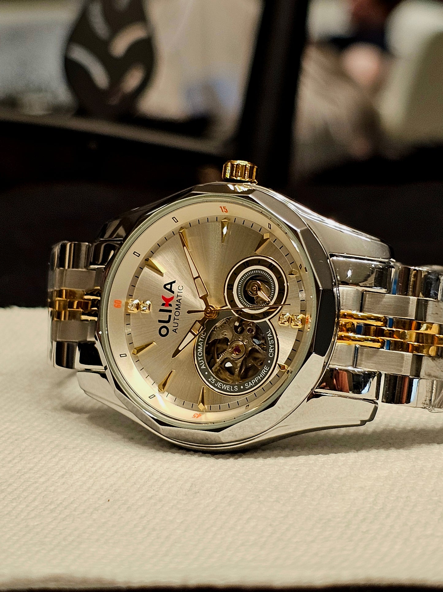 OLIKA Automatic Skeleton Men's Watch – Gold & Silver Elegance - Stainless Steel Bracelet, Round Dial