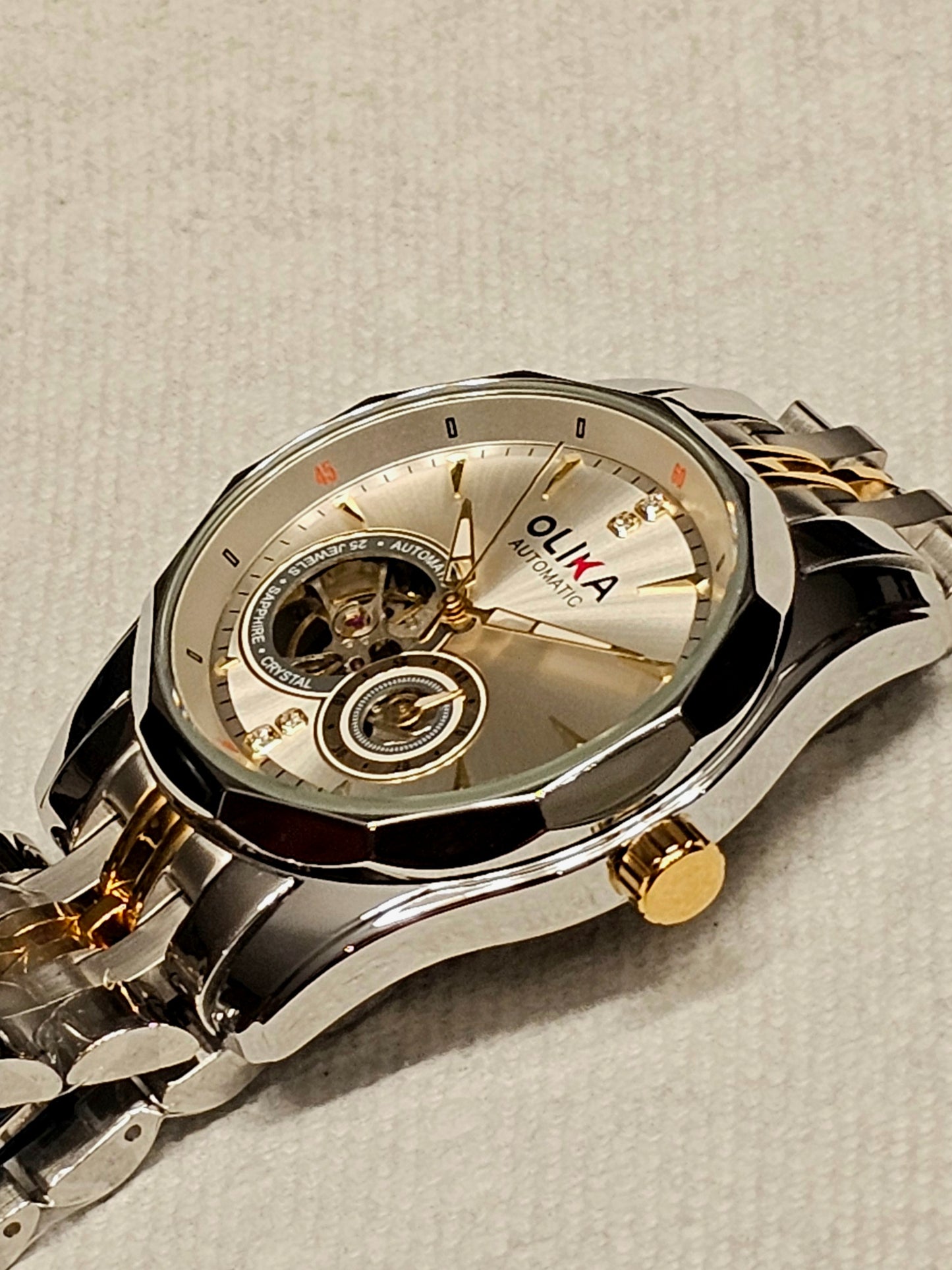 OLIKA Automatic Skeleton Men's Watch – Gold & Silver Elegance - Stainless Steel Bracelet, Round Dial