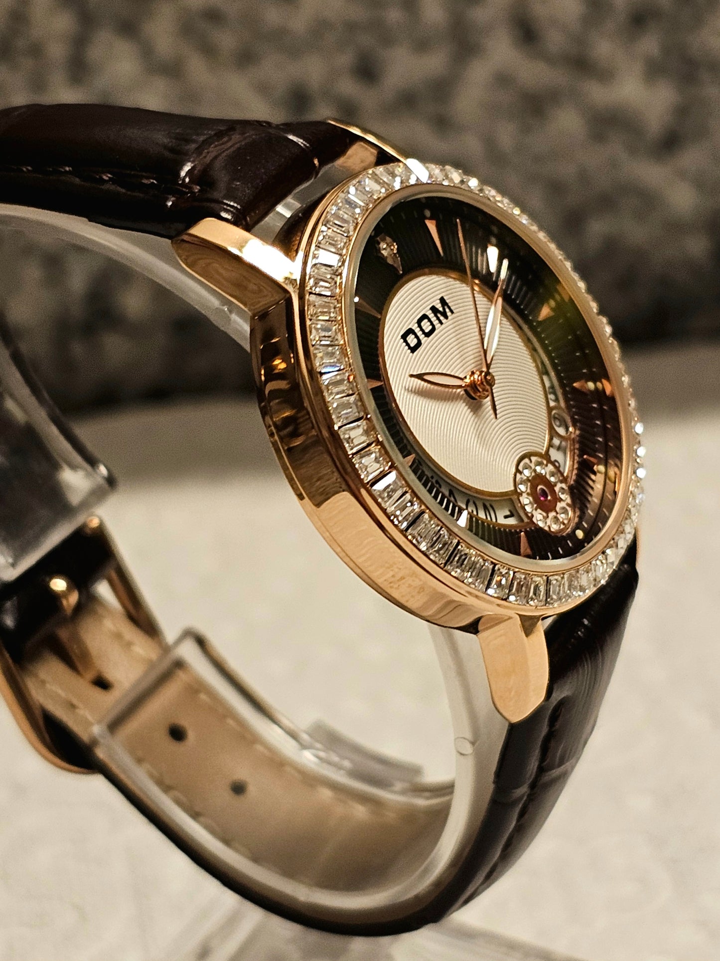 DOM Elegant Crystal-Trimmed Women's Watch – Rose Gold Case & Brown Leather Strap