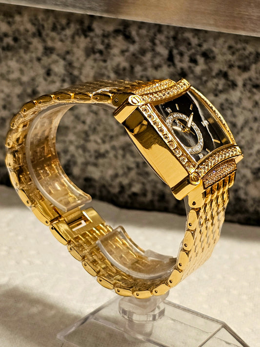 Royal Radiance Women’s Gold Watch – Black Dial with Crystal Bezel