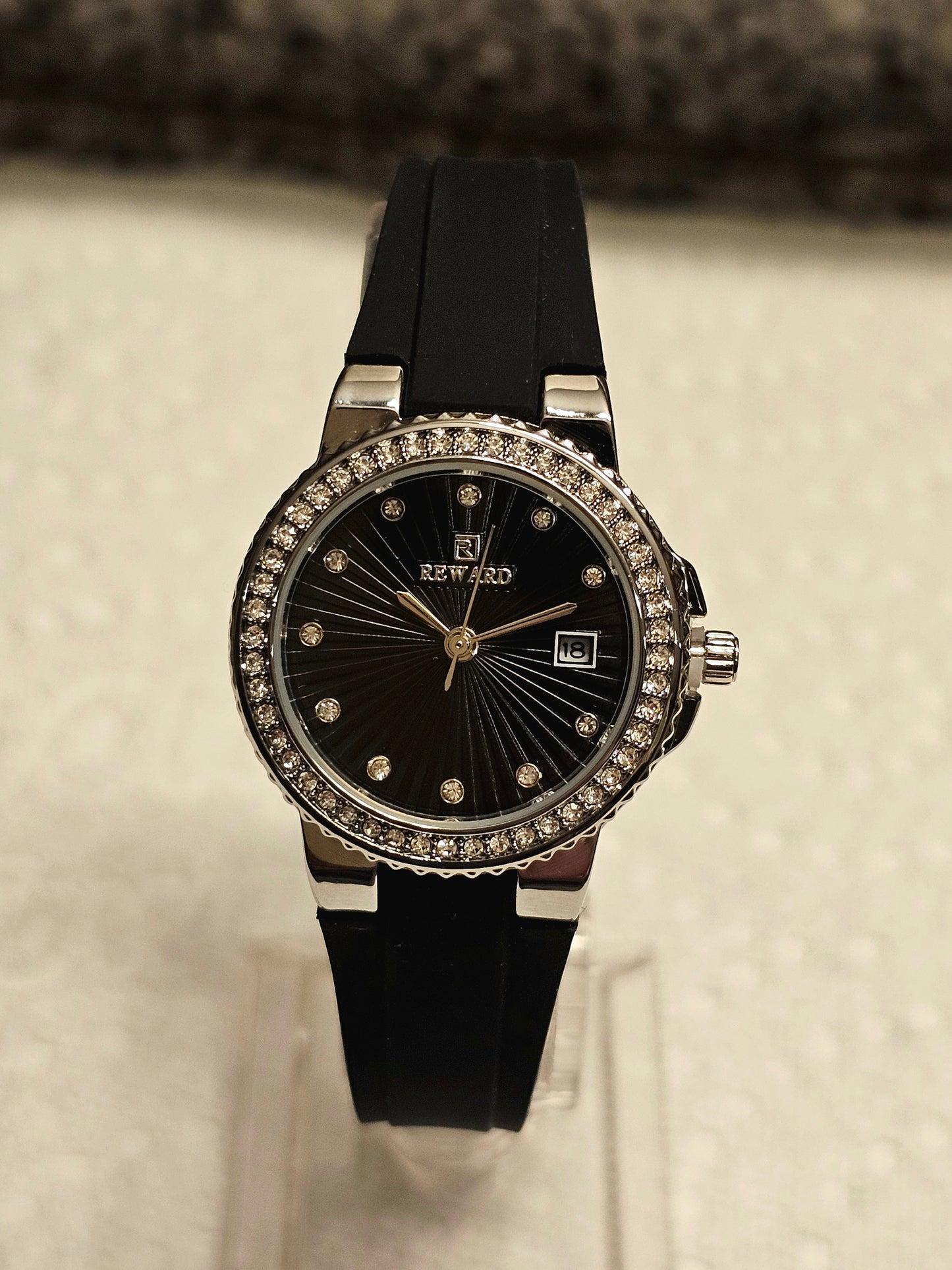 Elegant Black Crystal Dial Ladies Watch by REWARD