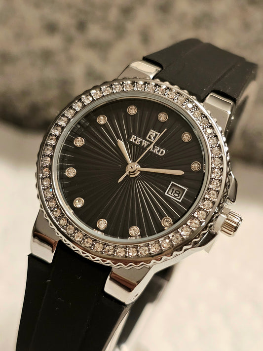 Elegant Black Crystal Dial Ladies Watch by REWARD