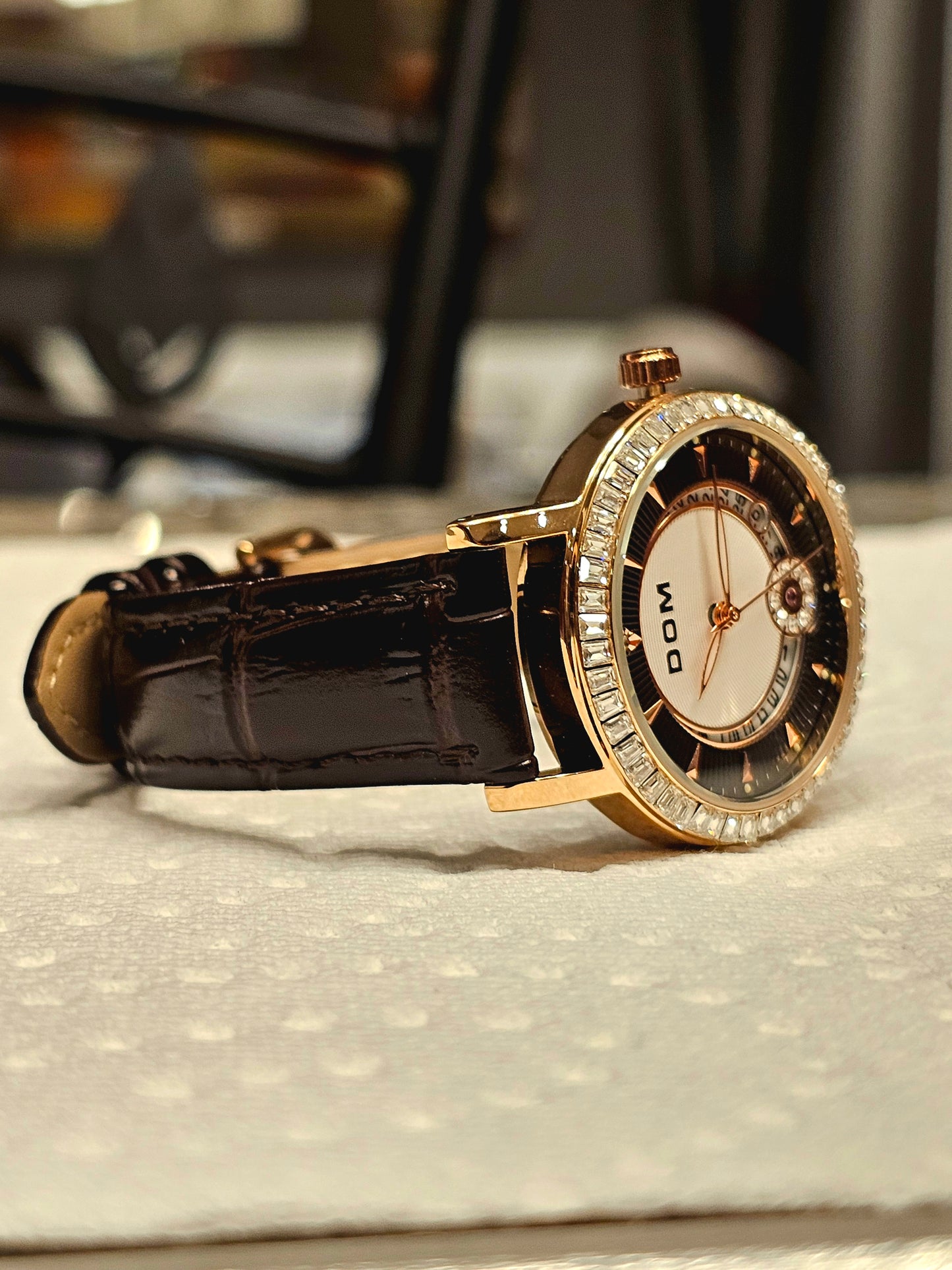 DOM Elegant Crystal-Trimmed Women's Watch – Rose Gold Case & Brown Leather Strap