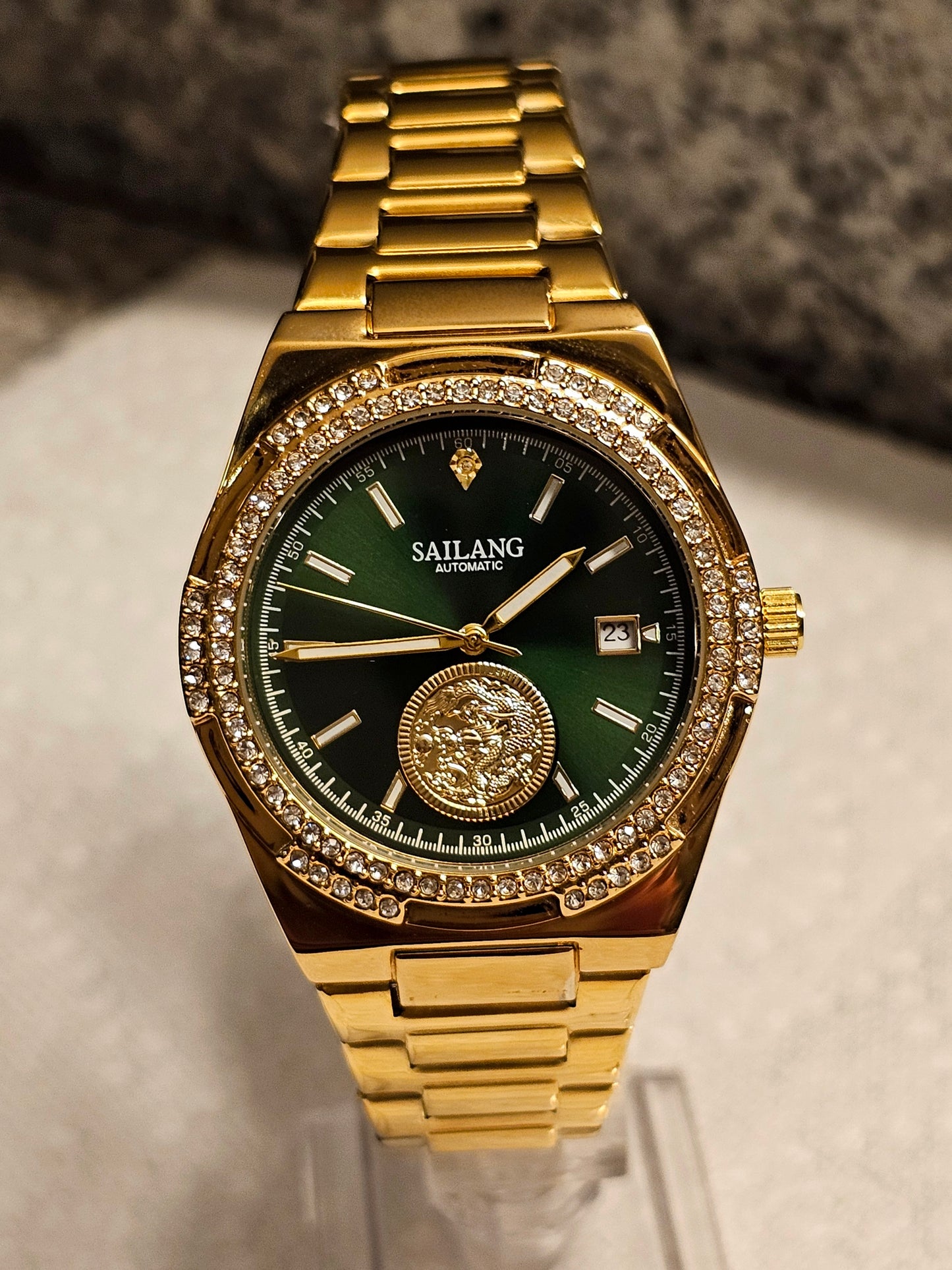 Sailang Gold Automatic Men's Watch with Emerald Green Dial & Diamond Accents