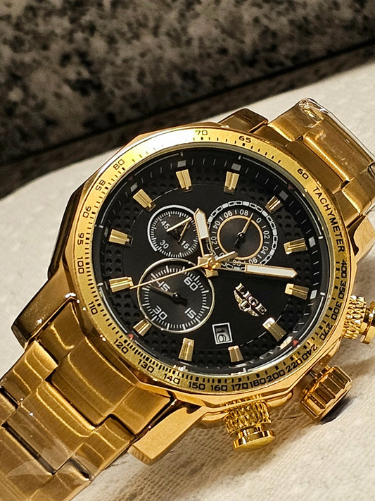 LIGE Gold Chronograph Sport Watch – Bold & Luxurious Style