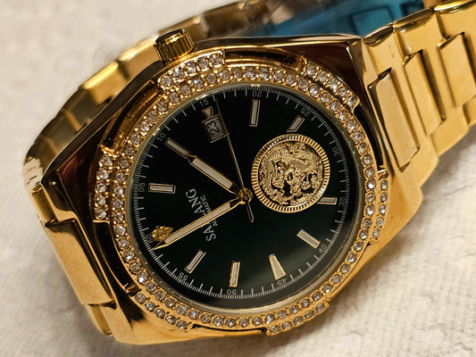 Sailang Gold Automatic Men's Watch with Emerald Green Dial & Diamond Accents