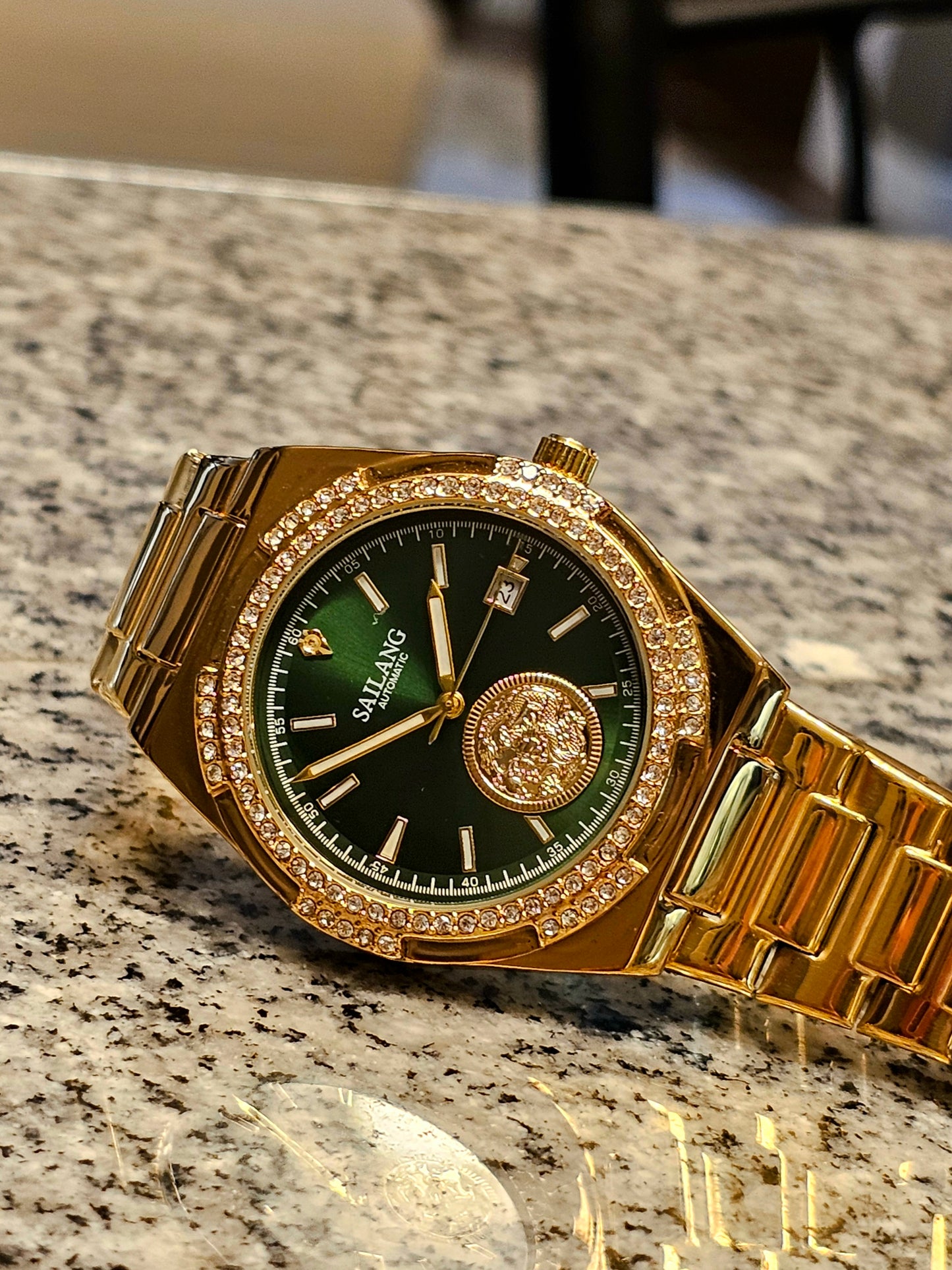 Sailang Gold Automatic Men's Watch with Emerald Green Dial & Diamond Accents