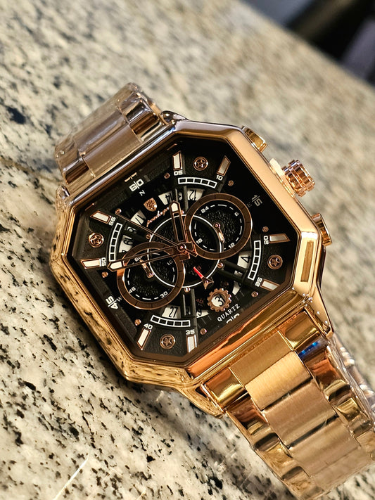 Poedagar Prestige Rose Gold Men's Chronograph Watch – Bold Square Design