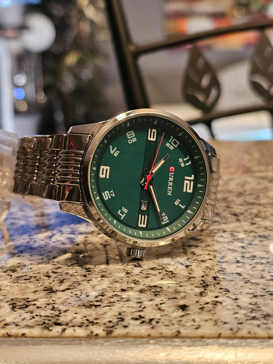 CURREN Classic Green Dial Men's Quartz Watch with Date Display & Silver Steel Strap