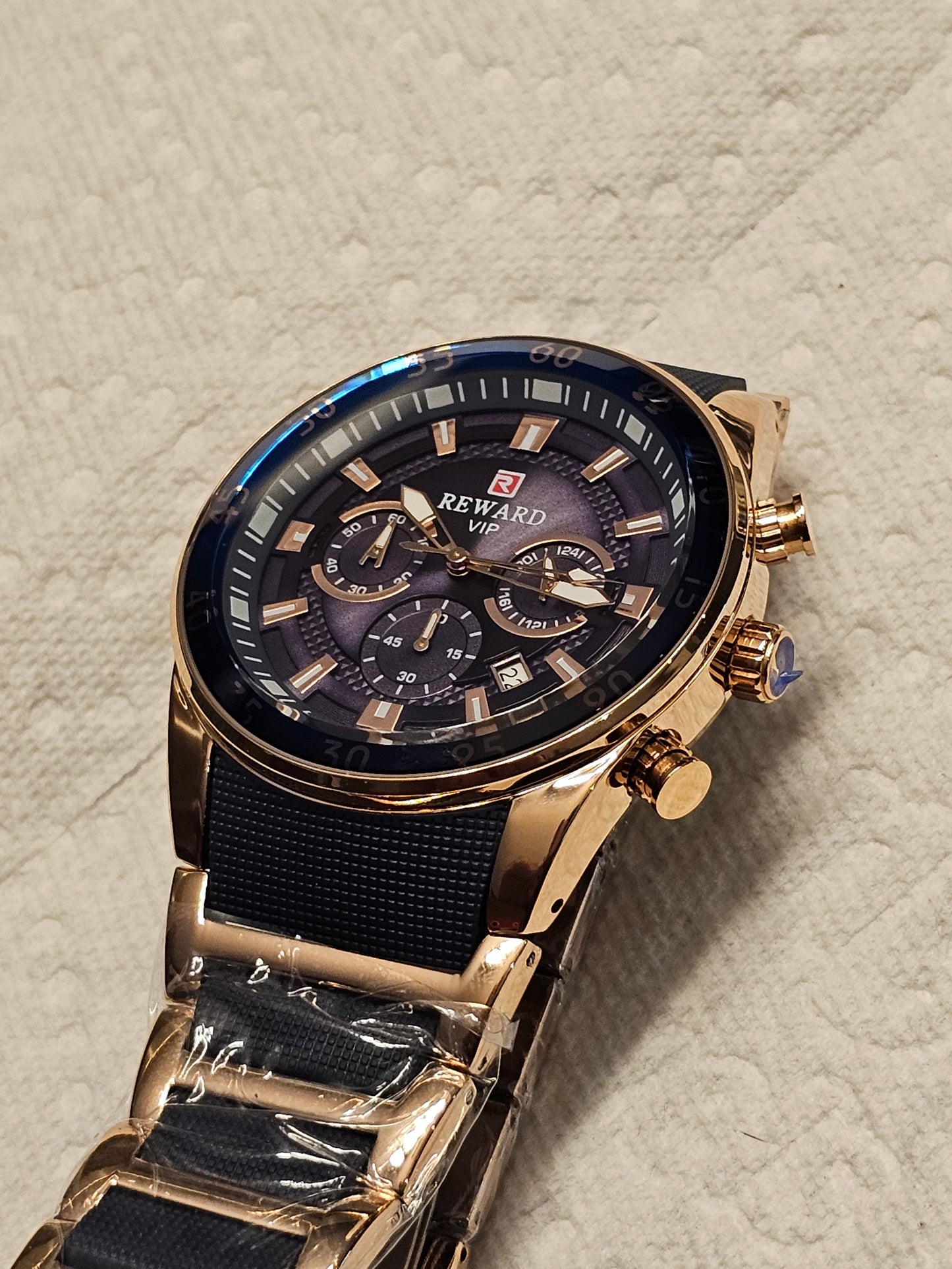 REWARD VIP Chronograph Quartz Watch – Blue & Rose Gold Elegance