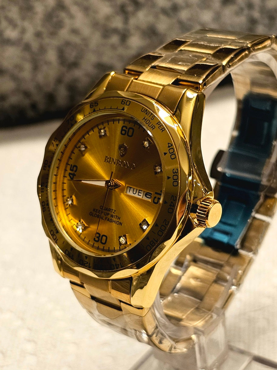 BINBOND Gold Classic Men’s Quartz Watch Full Calendar
