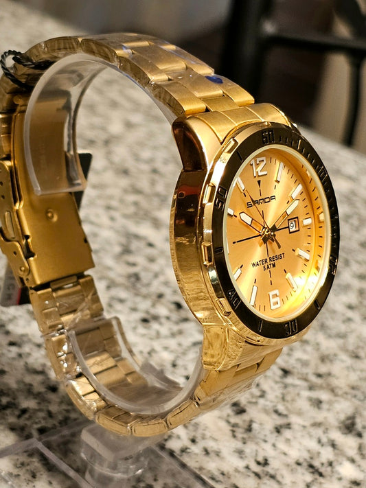 SANDA Bold Gold Quartz Watch – Water-Resistant Sport Elegance