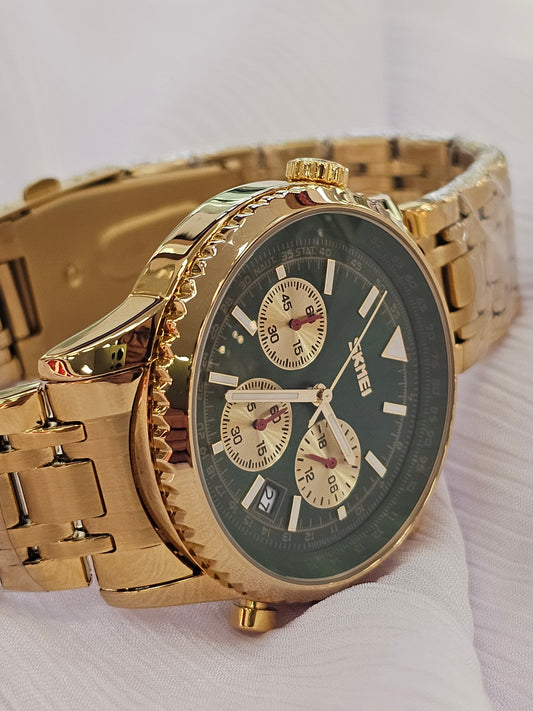 SKMEI Men’s Gold Chronograph Watch – Green Dial Stainless Steel