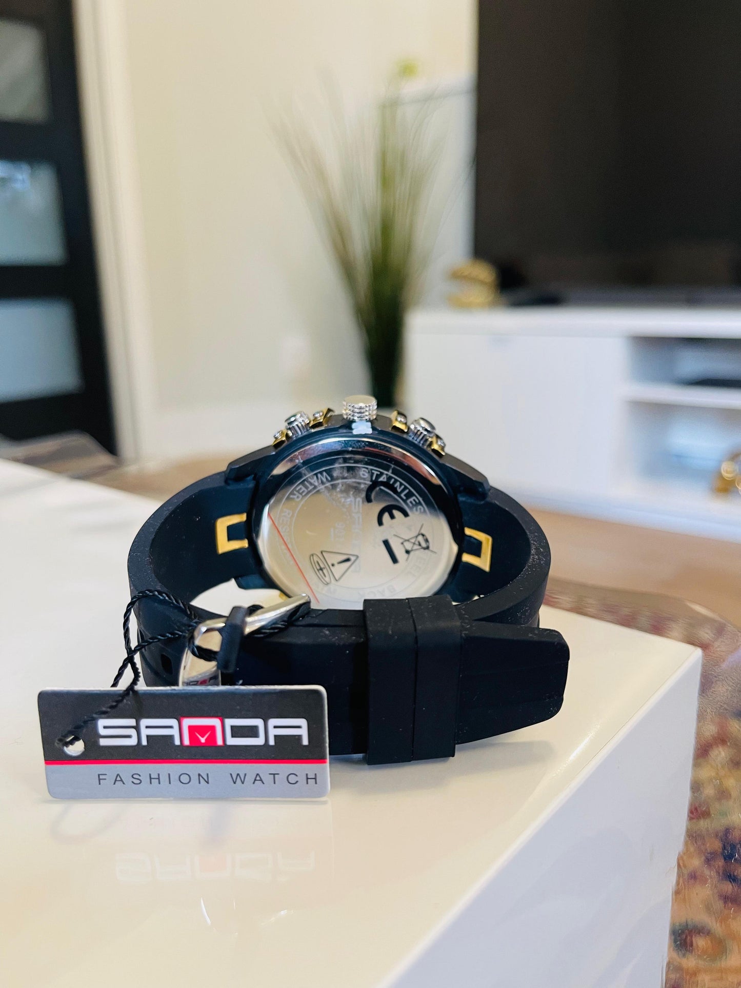SANDA Black & Gold Chrono Quartz Watch for Men