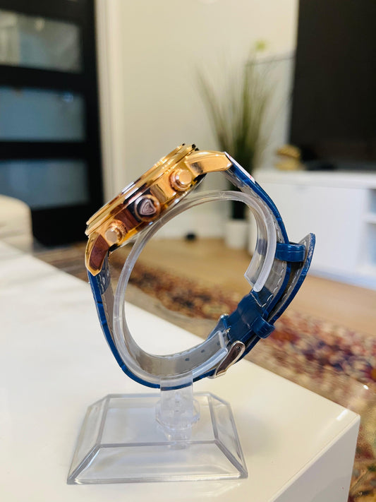 LIGE Blue & Gold Chronograph Men’s Watch – Quartz Elegance with Leather Band
