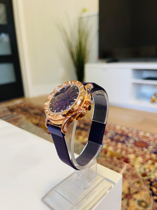 Elegant Women's Quartz Watch – Rose Gold & Purple Floral Dial