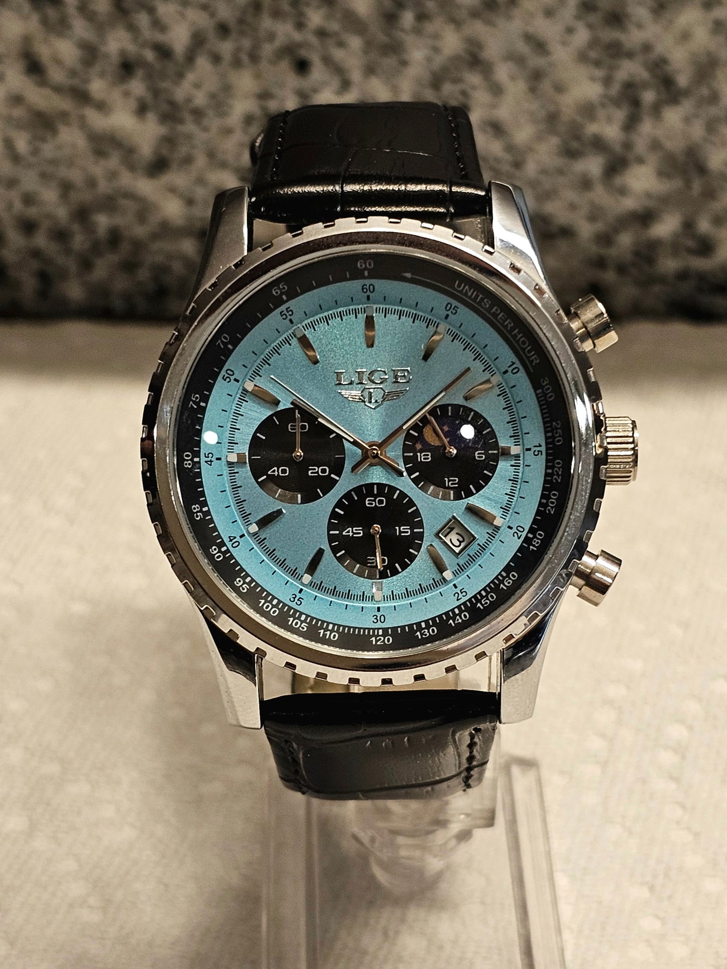 LIGE Chronograph Men’s Watch with Sky Blue Dial & Black Leather Strap
