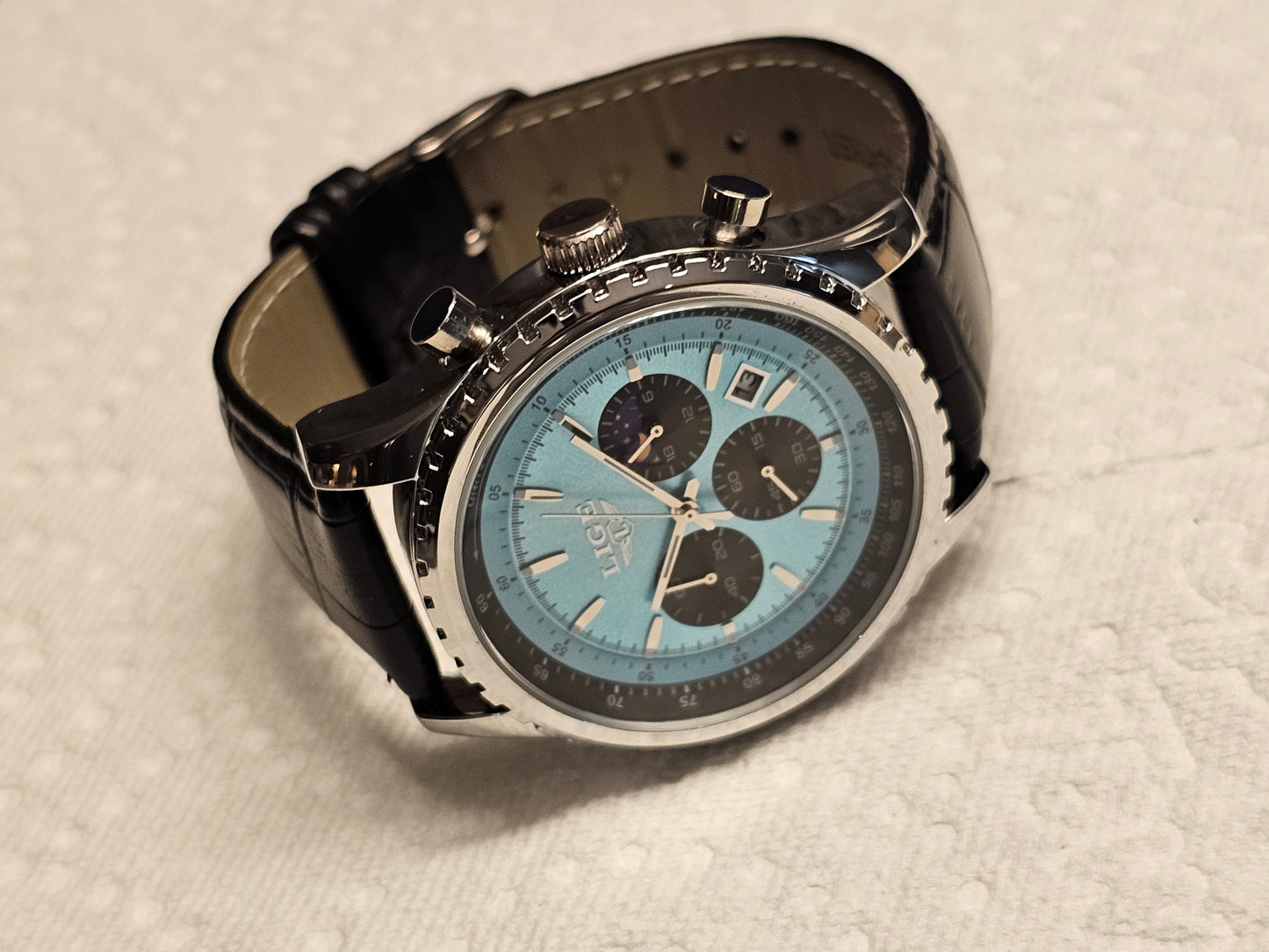 LIGE Chronograph Men’s Watch with Sky Blue Dial & Black Leather Strap