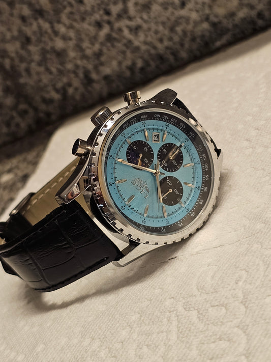 LIGE Chronograph Men’s Watch with Sky Blue Dial & Black Leather Strap