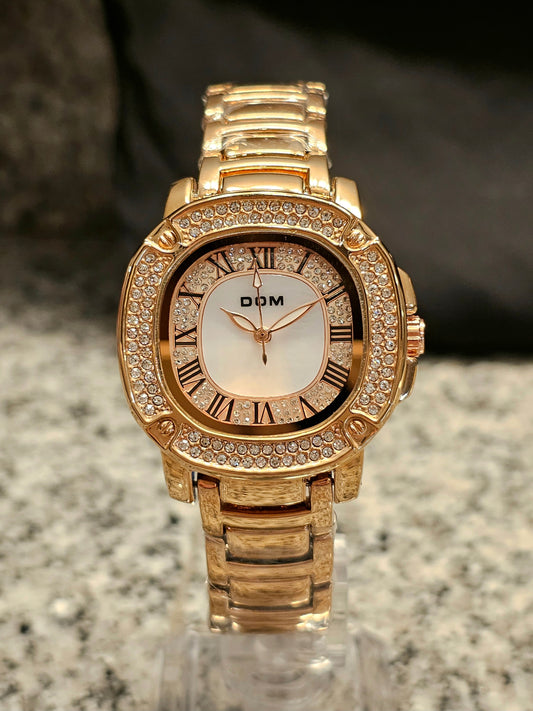 DOM Women’s Luxury Crystal Watch – Rose Gold Elegance with Roman Dial
