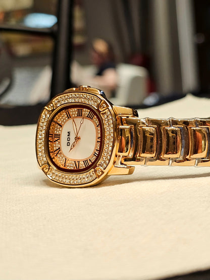 DOM Women’s Luxury Crystal Watch – Rose Gold Elegance with Roman Dial
