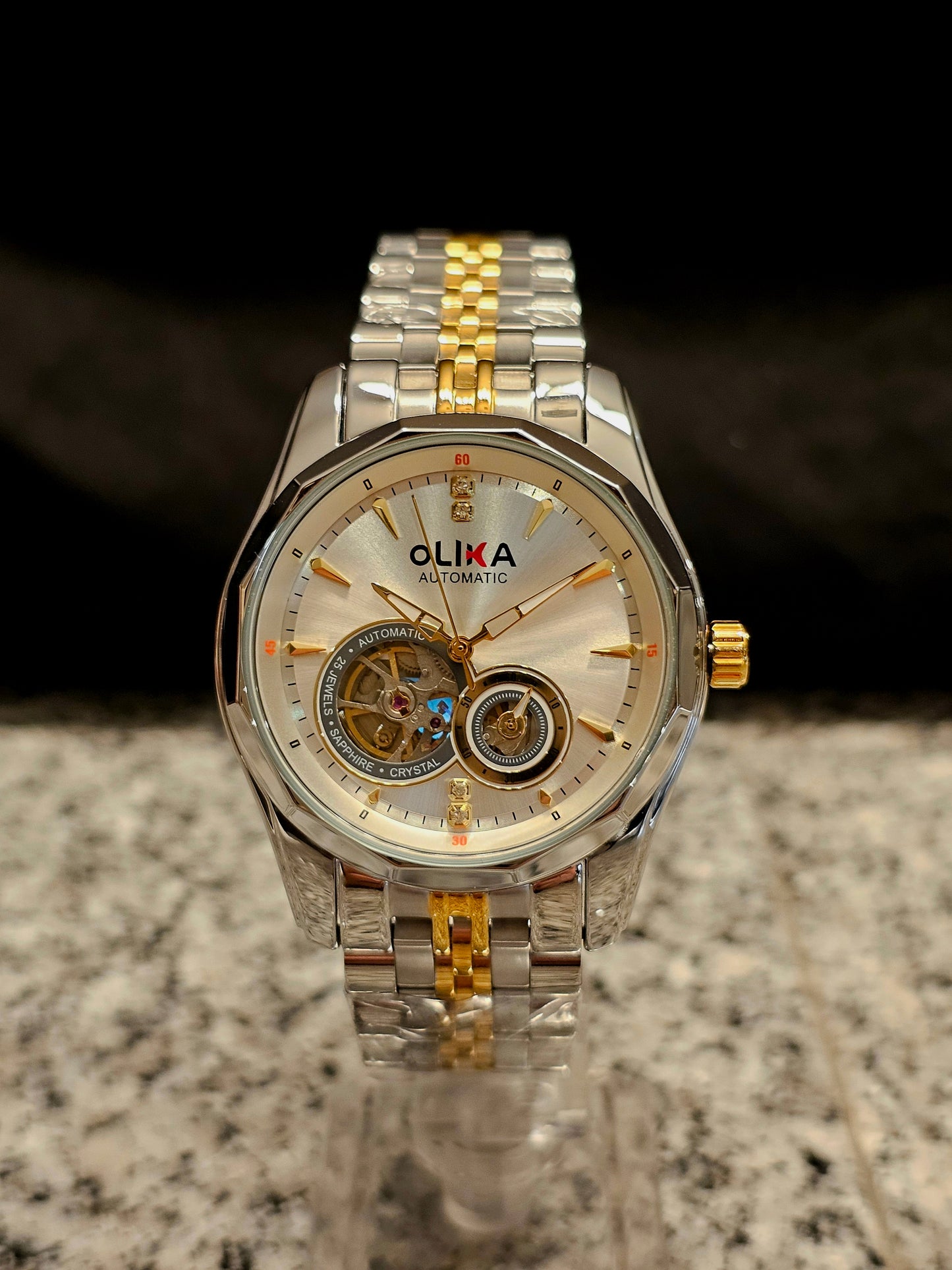 OLIKA Automatic Skeleton Men's Watch – Gold & Silver Elegance - Stainless Steel Bracelet, Round Dial