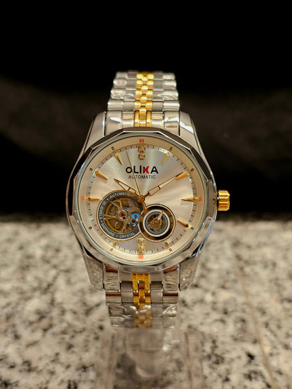 OLIKA Automatic Skeleton Men's Watch – Gold & Silver Elegance - Stainless Steel Bracelet, Round Dial