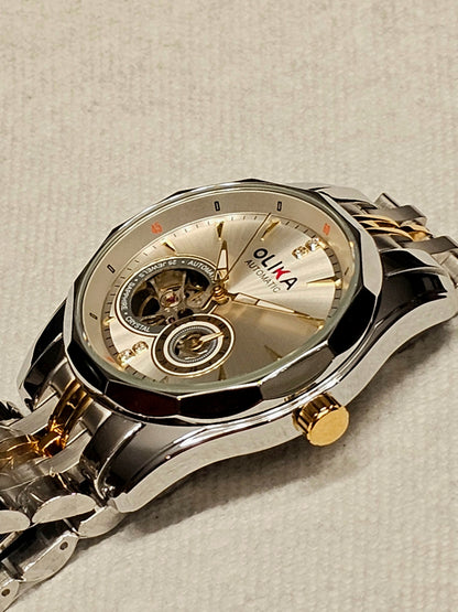 OLIKA Automatic Skeleton Men's Watch – Gold & Silver Elegance - Stainless Steel Bracelet, Round Dial