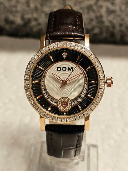 DOM Elegant Crystal-Trimmed Women's Watch – Rose Gold Case &amp; Brown Leather Strap