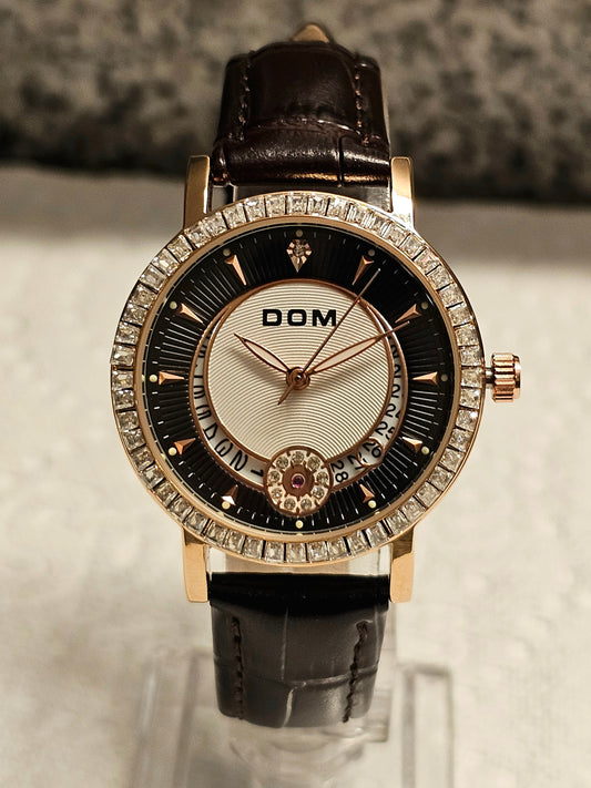 DOM Elegant Crystal-Trimmed Women's Watch – Rose Gold Case &amp; Brown Leather Strap