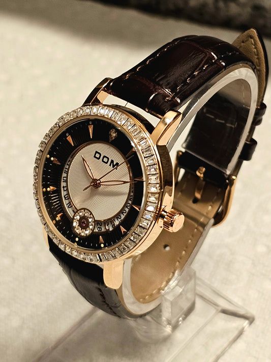 DOM Elegant Crystal-Trimmed Women's Watch – Rose Gold Case &amp; Brown Leather Strap