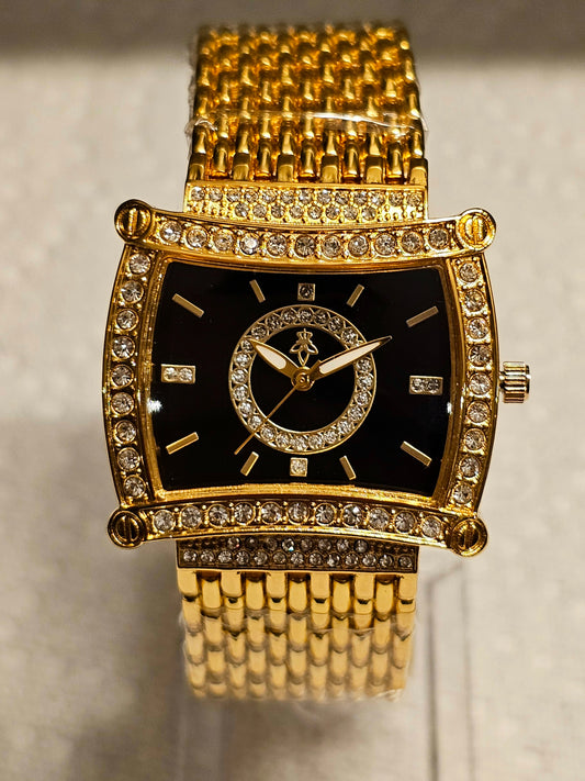 Royal Radiance Women’s Gold Watch – Black Dial with Crystal Bezel