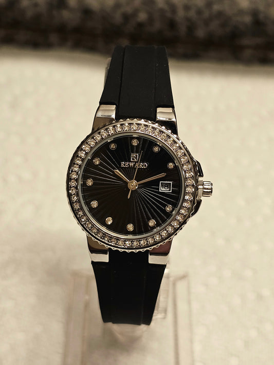Elegant Black Crystal Dial Ladies Watch by REWARD
