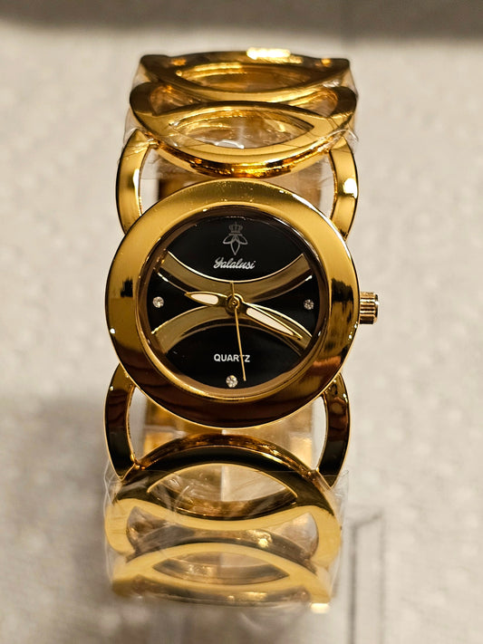Galalusi Gold Loop Women's Bracelet Watch – Black &amp; Gold Elegance