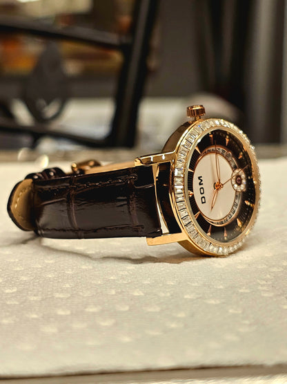 DOM Elegant Crystal-Trimmed Women's Watch – Rose Gold Case &amp; Brown Leather Strap