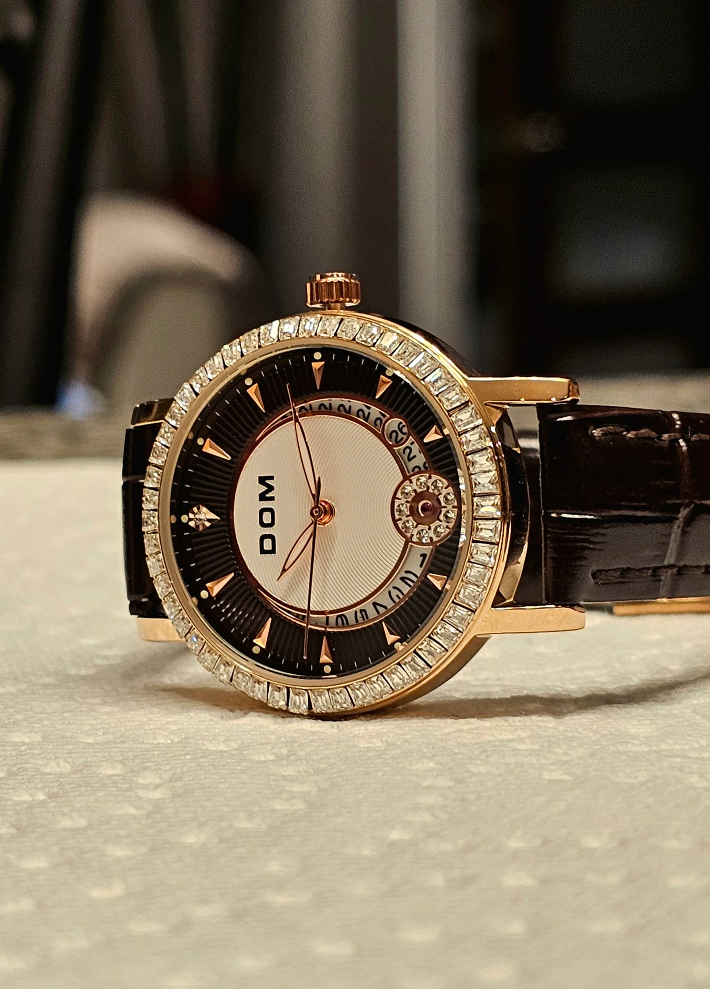 DOM Elegant Crystal-Trimmed Women's Watch – Rose Gold Case &amp; Brown Leather Strap