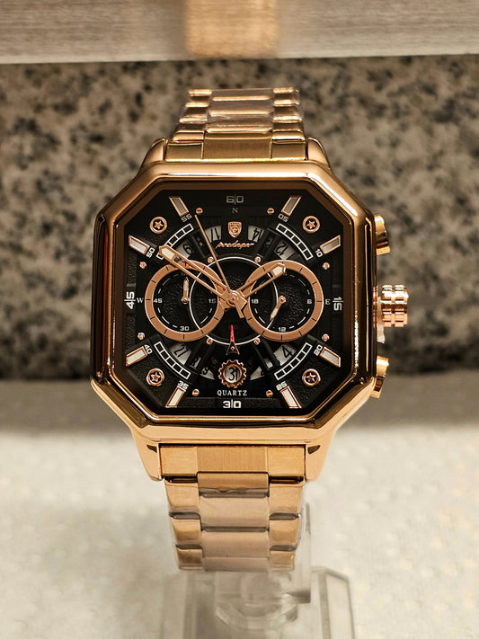 Poedagar Prestige Rose Gold Men's Chronograph Watch – Bold Square Design