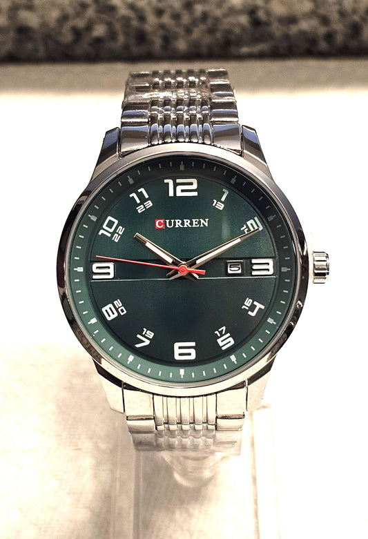 CURREN Classic Green Dial Men's Quartz Watch with Date Display &amp; Silver Steel Strap