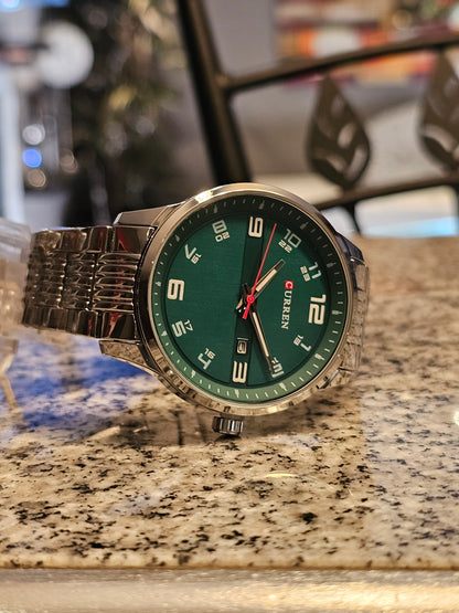 CURREN Classic Green Dial Men's Quartz Watch with Date Display &amp; Silver Steel Strap