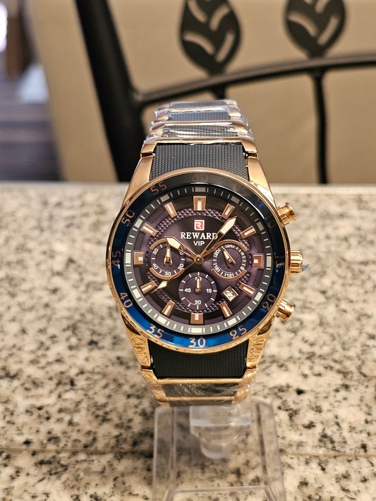 REWARD VIP Chronograph Quartz Watch – Blue &amp; Rose Gold Elegance