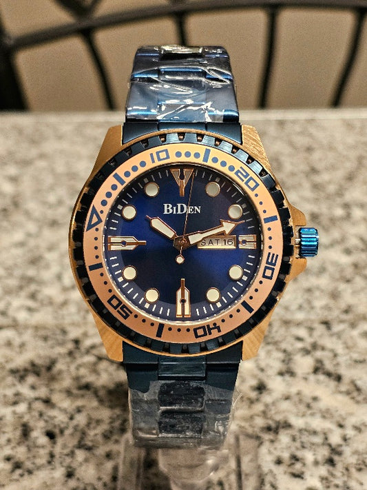 BiDen Men's Quartz Watch – Full Calendar, Luminous Dial | Available in Black-Gold, Blue-Rose, and Silver-Blue