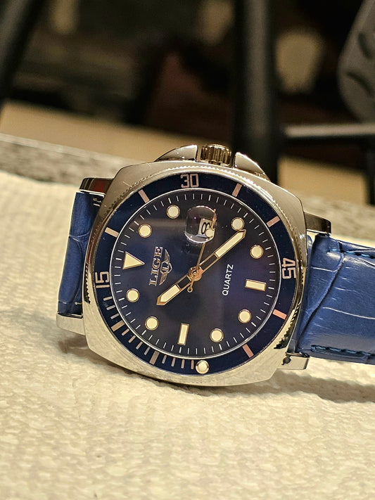 LIGE Ocean Blue Classic Quartz Watch – Leather Strap Edition