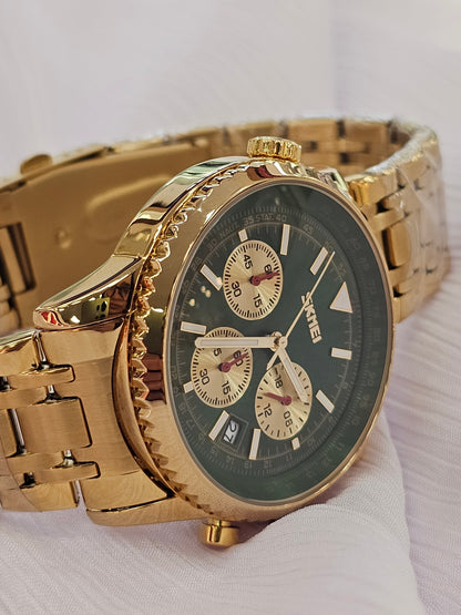 SKMEI Men’s Gold Chronograph Watch – Green Dial Stainless Steel
