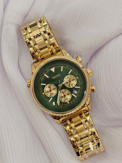 SKMEI Men’s Gold Chronograph Watch – Green Dial Stainless Steel
