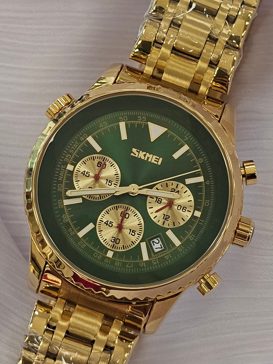 SKMEI Men’s Gold Chronograph Watch – Green Dial Stainless Steel